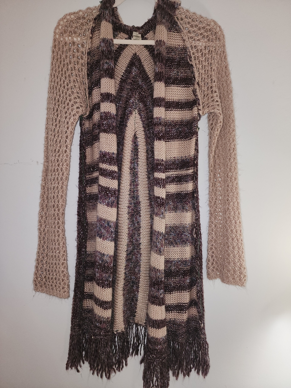 Gimmick By BKE Chunky Open-Front Fringe Cardigan Sweater - Beige and Brown M
